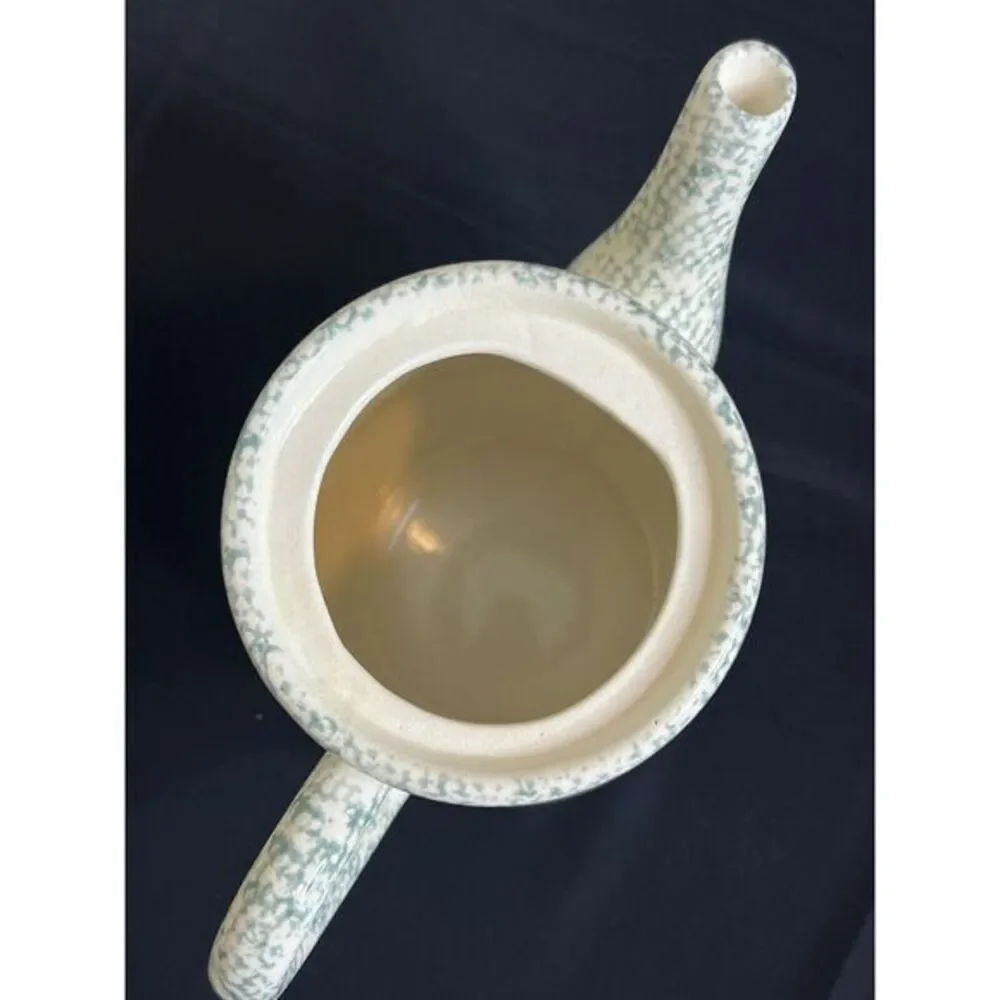 T.H.T. 1995 Sponge Green Apple Design Large Handle Lid Stoneware  Coffee Tea Pot